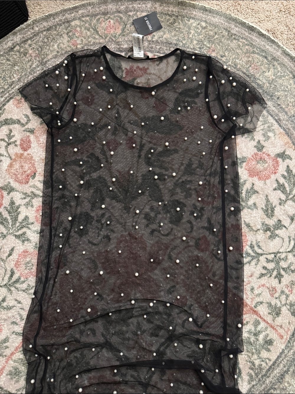 Forever 21 Sheer Black Pearl-Embellished Short Sleeve dress